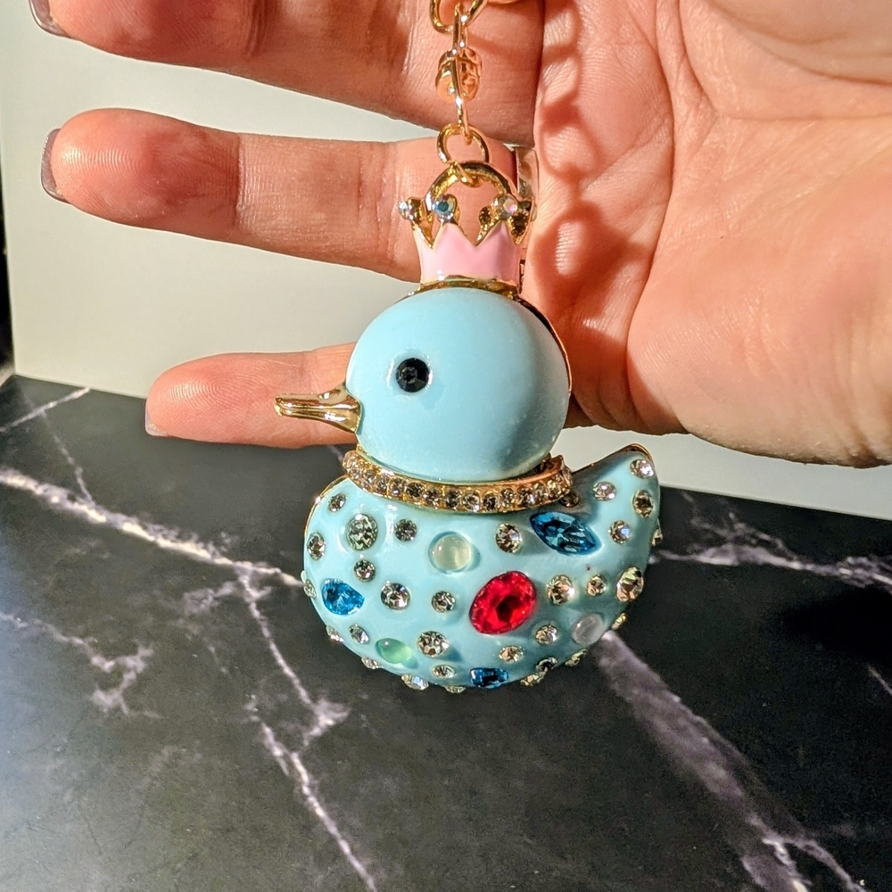 Crystal Pastel Blue Metal 'Rubber Ducky' with Crown Keychain/ Bag Xharm